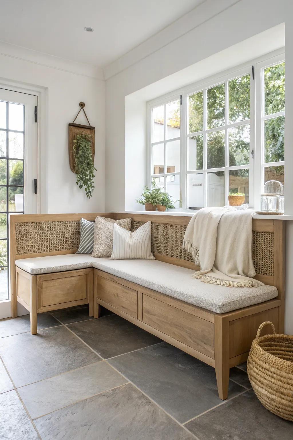 A freestanding corner banquette brings cozy seating to rentals—move it anytime, no drilling.