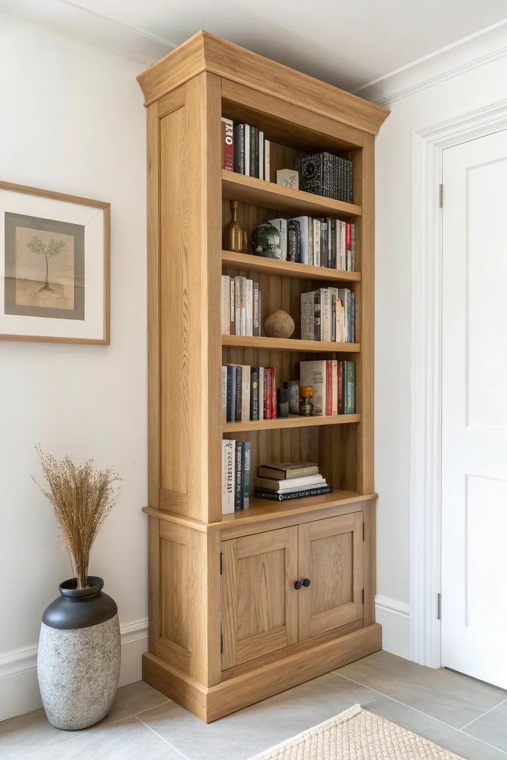 A classic corner bookcase turns an awkward corner into a calm library nook—add one cozy chair.