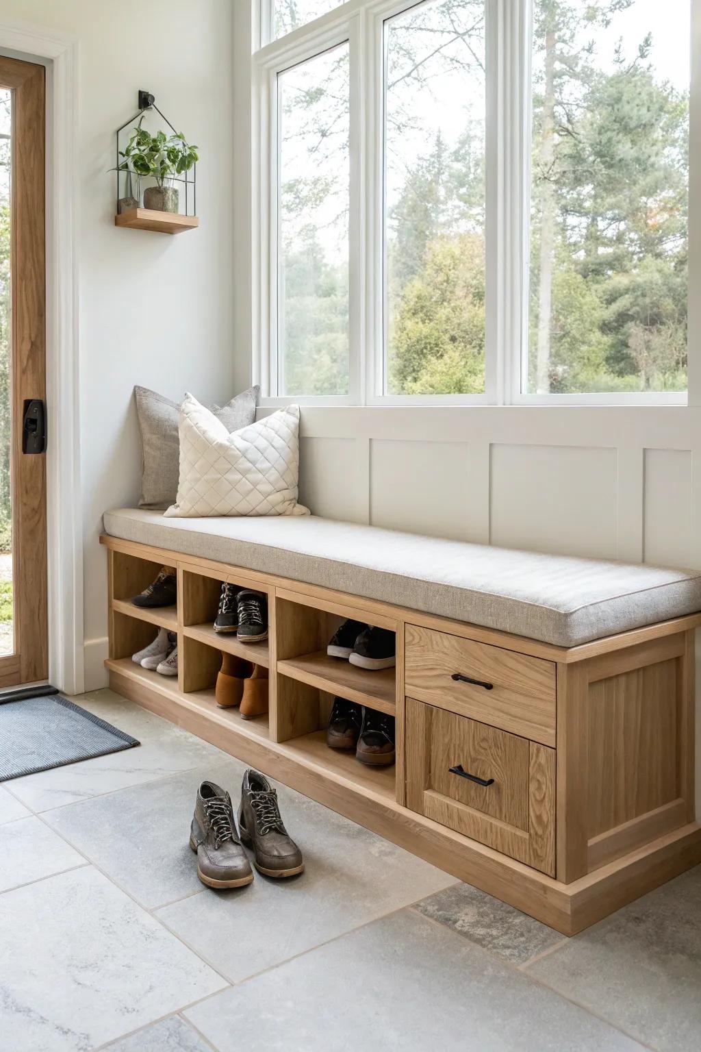 A tidy corner bench with shoe cubbies—one spot per pair keeps mornings calm and clutter-free.