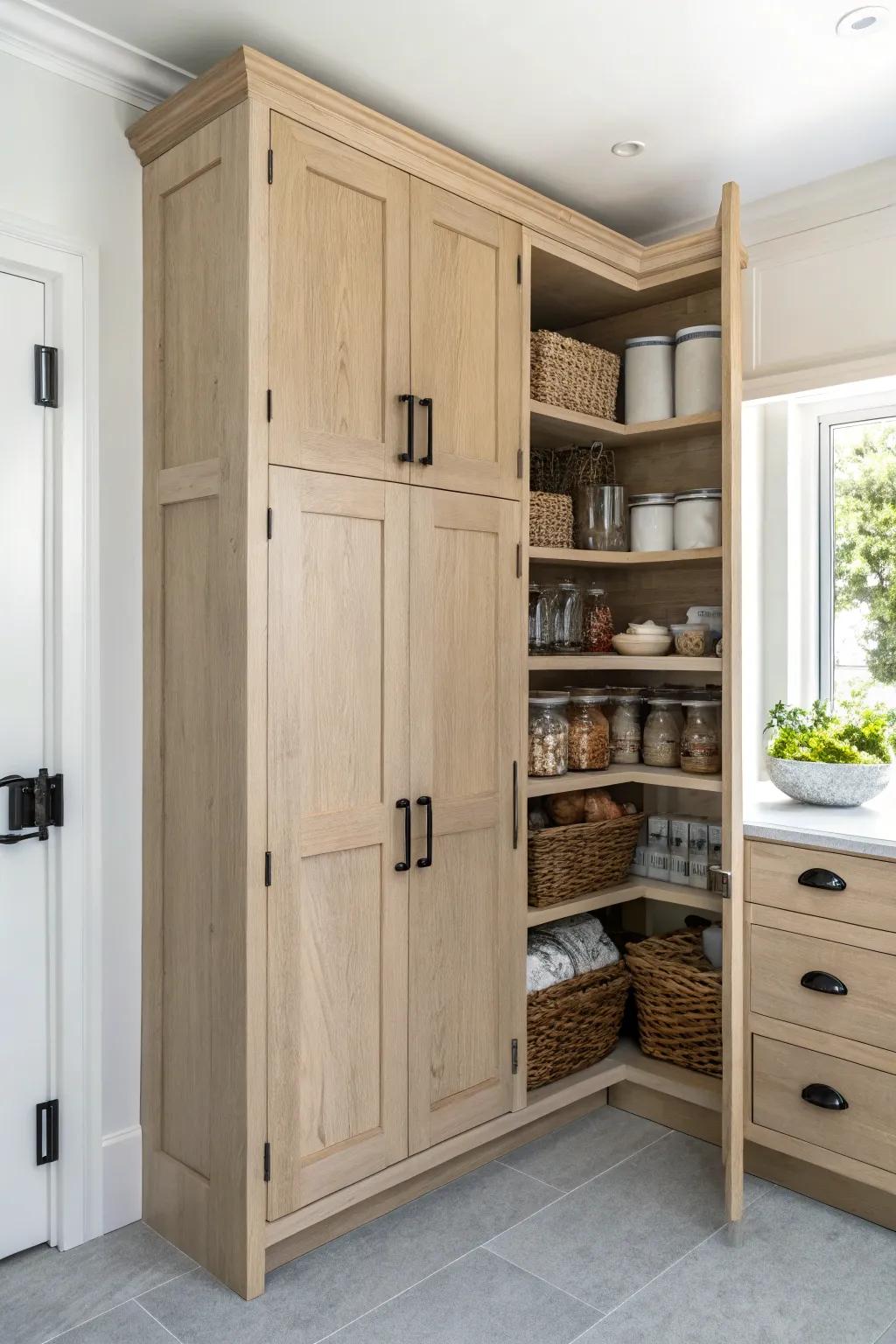 Bi-fold corner pantry cabinet: wide access, zero door swing—perfect for narrow kitchens.