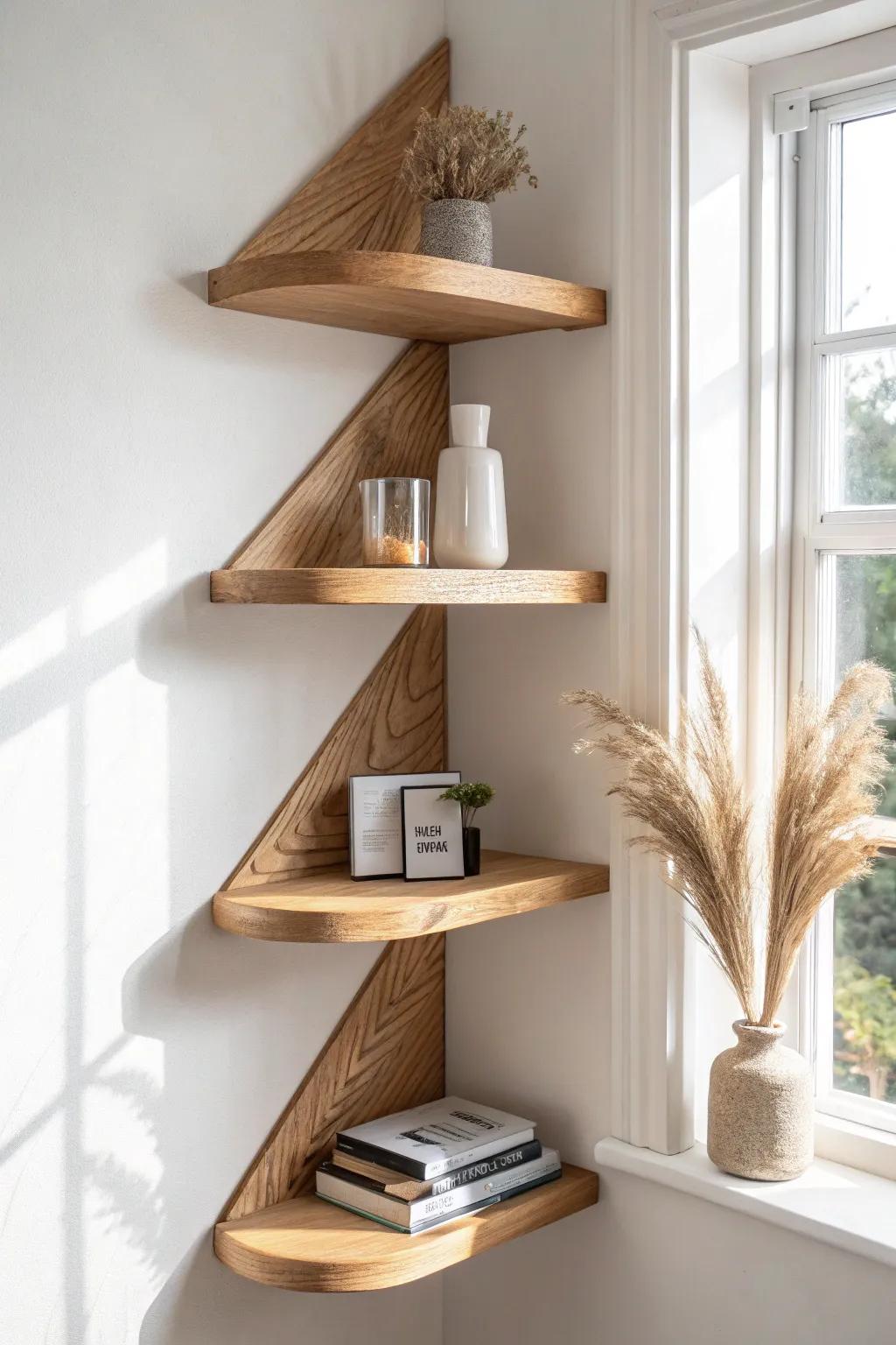Triangular corner shelves, staggered for a made-to-measure look without crowding the room.