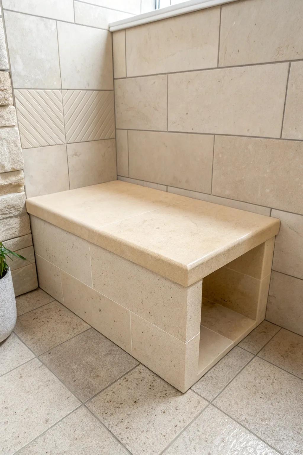 Spa-solid corner shower bench built from the floor up—minimal, sturdy, and serene.