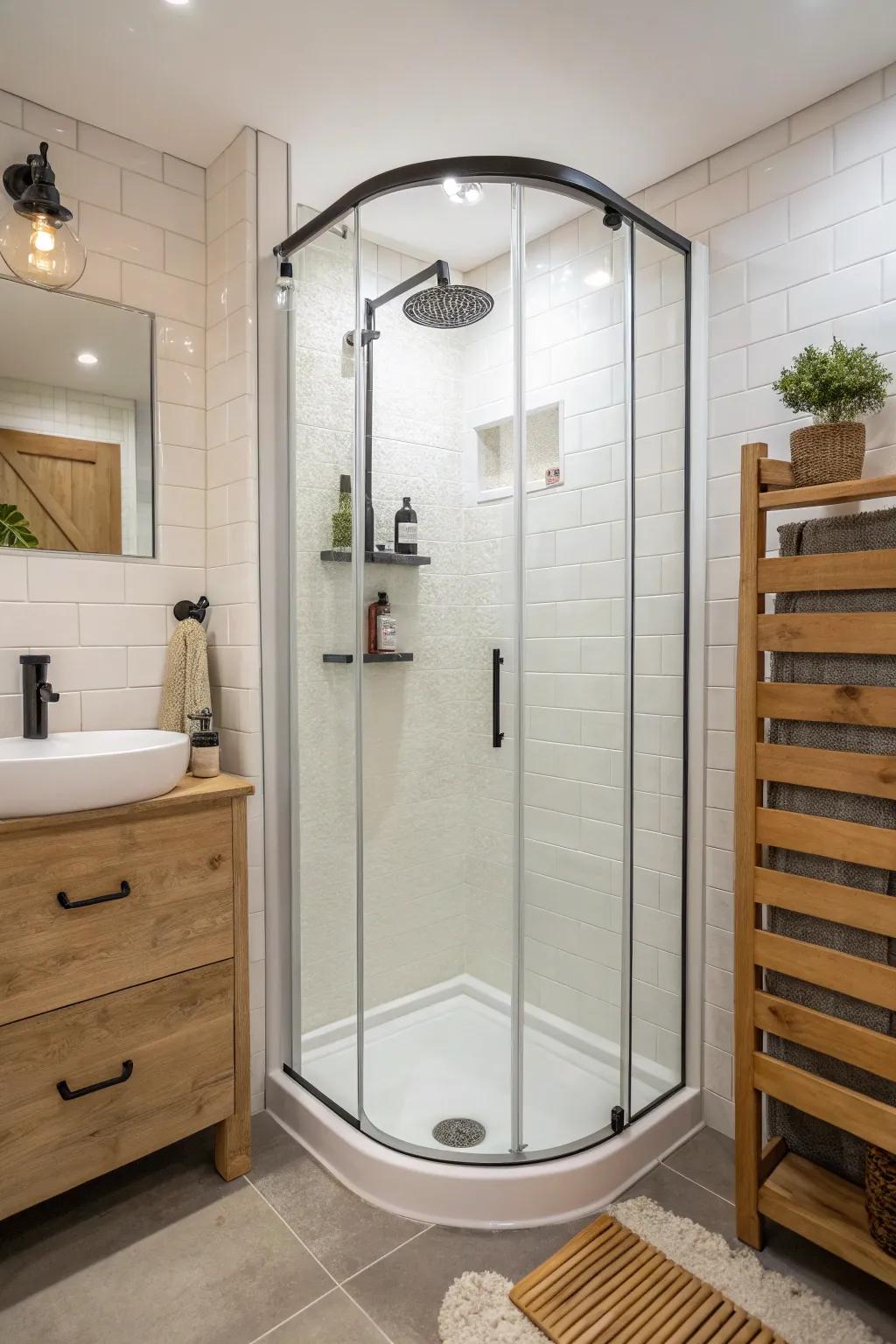 Curved corner shower: kinder to hips and makes a narrow bathroom feel open and effortless.