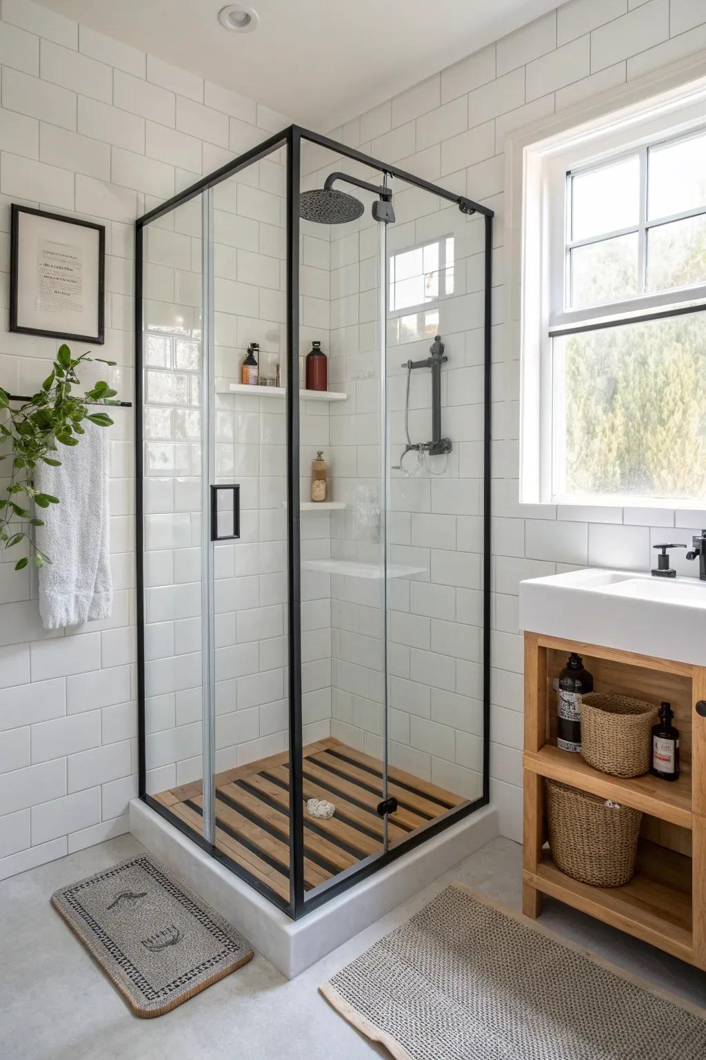 Square corner shower with crisp black lines, warm oak accents, and calm minimalist contrast.