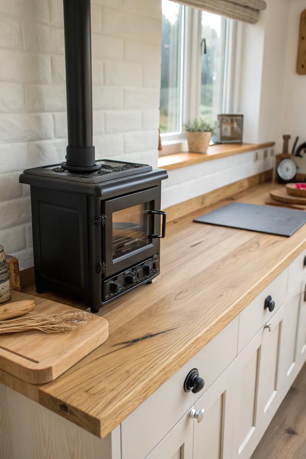 Wraparound counter hugs the corner stove—perfect landing zones for cutting boards and hot pans.