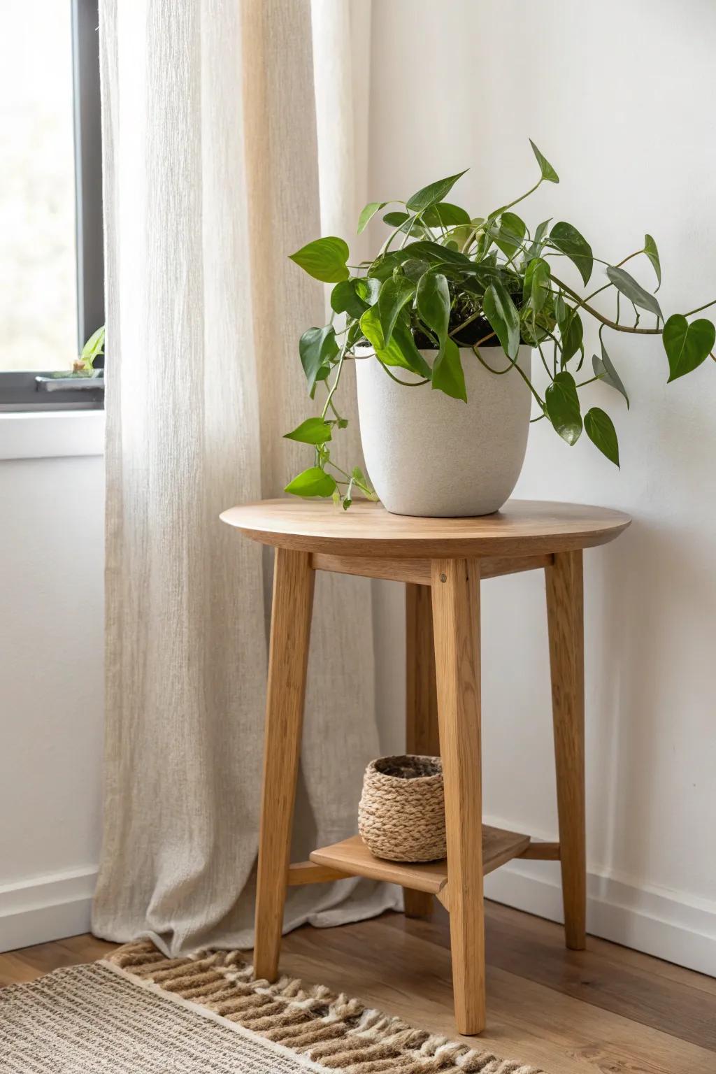 A simple potted plant instantly brightens a corner table and makes small spaces feel alive.