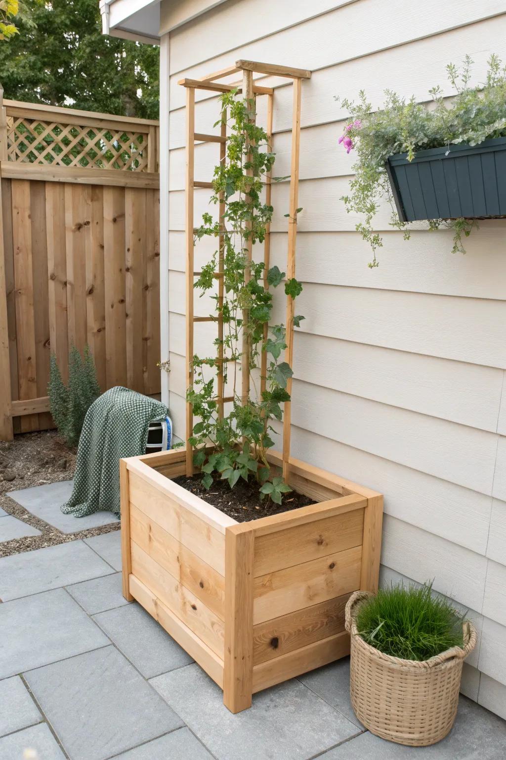 A space-saving corner planter box trellis that adds height, stability, and soft greenery.