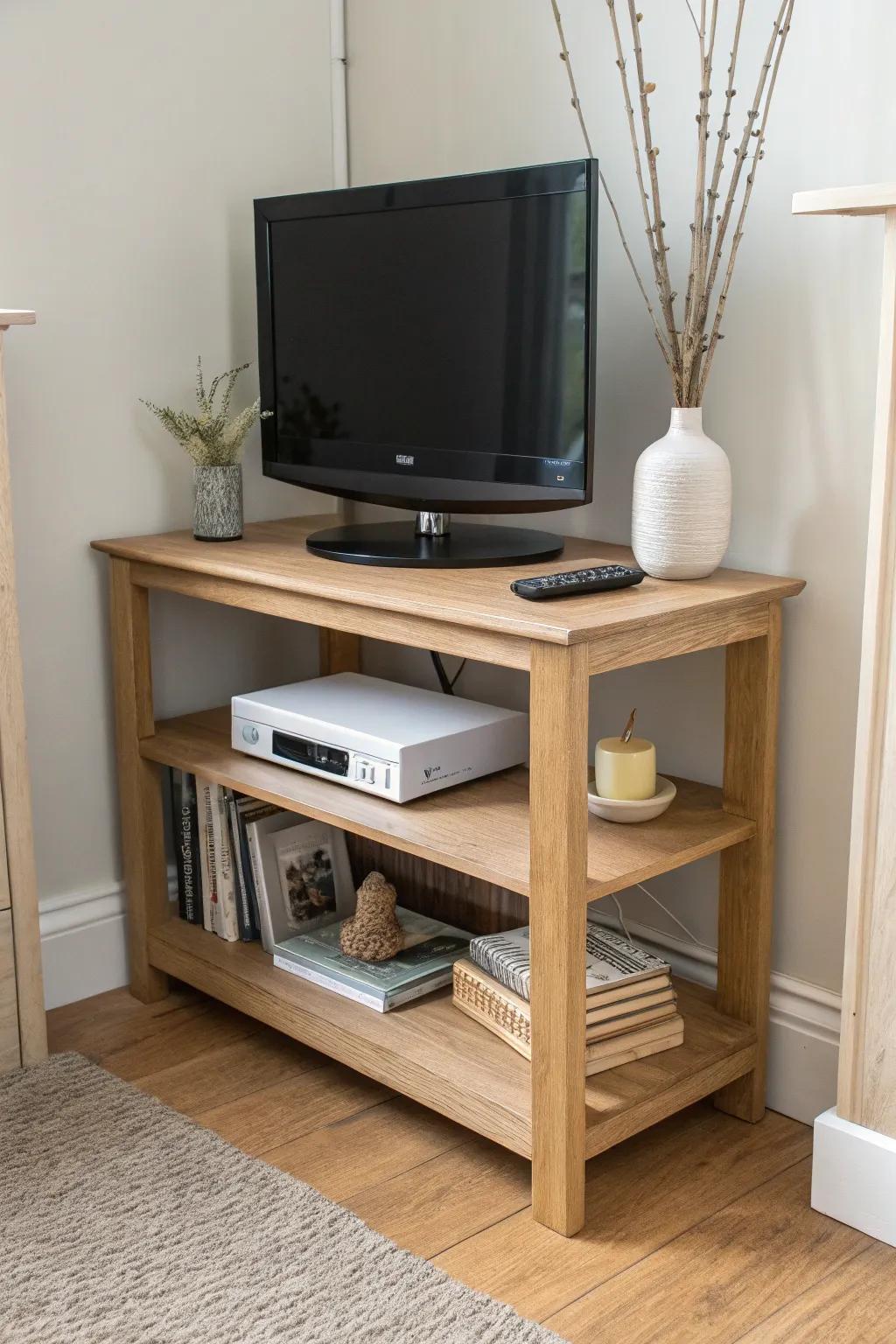 Two-tier corner TV shelf: stash console + router below, style a calm top display above.