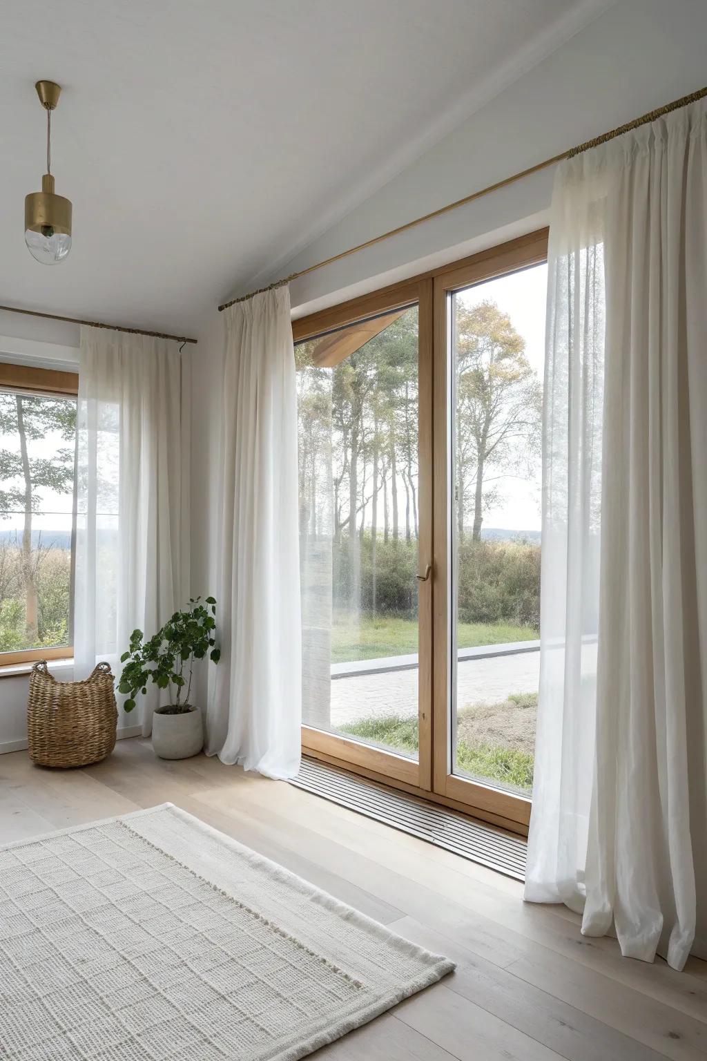 Hang curtains high and wide to make a corner window feel taller, wider, and more architectural.