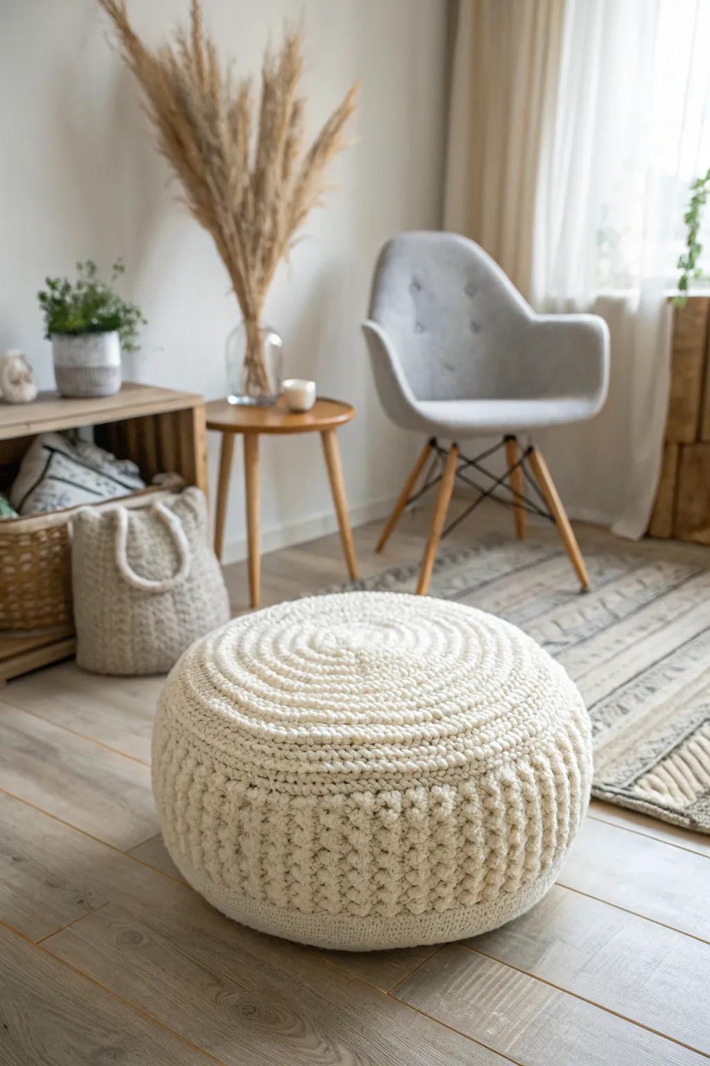 Couchless living: a handcrafted floor pouf that tucks away for instant extra seating.