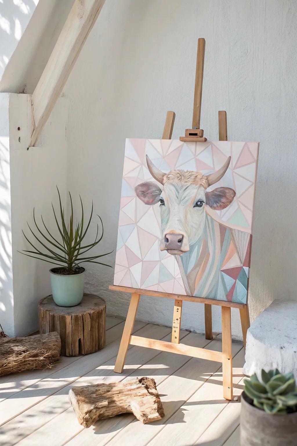Dive into the world of abstract cows with minimalist flair—where geometry meets gentle hues for a conversation-starting masterpiece.
