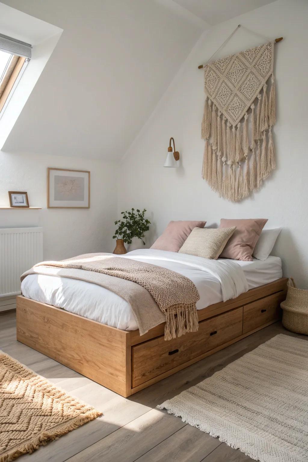 Corner-bed cocoon: snug, space-saving, and effortlessly minimal with soft boho texture.