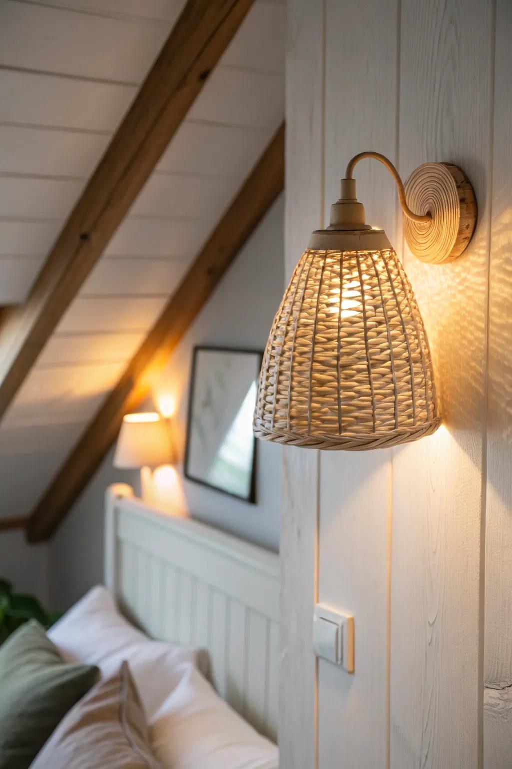 Skip the big light: a warm rattan sconce turns a sloped attic wall into instant bedtime glow.