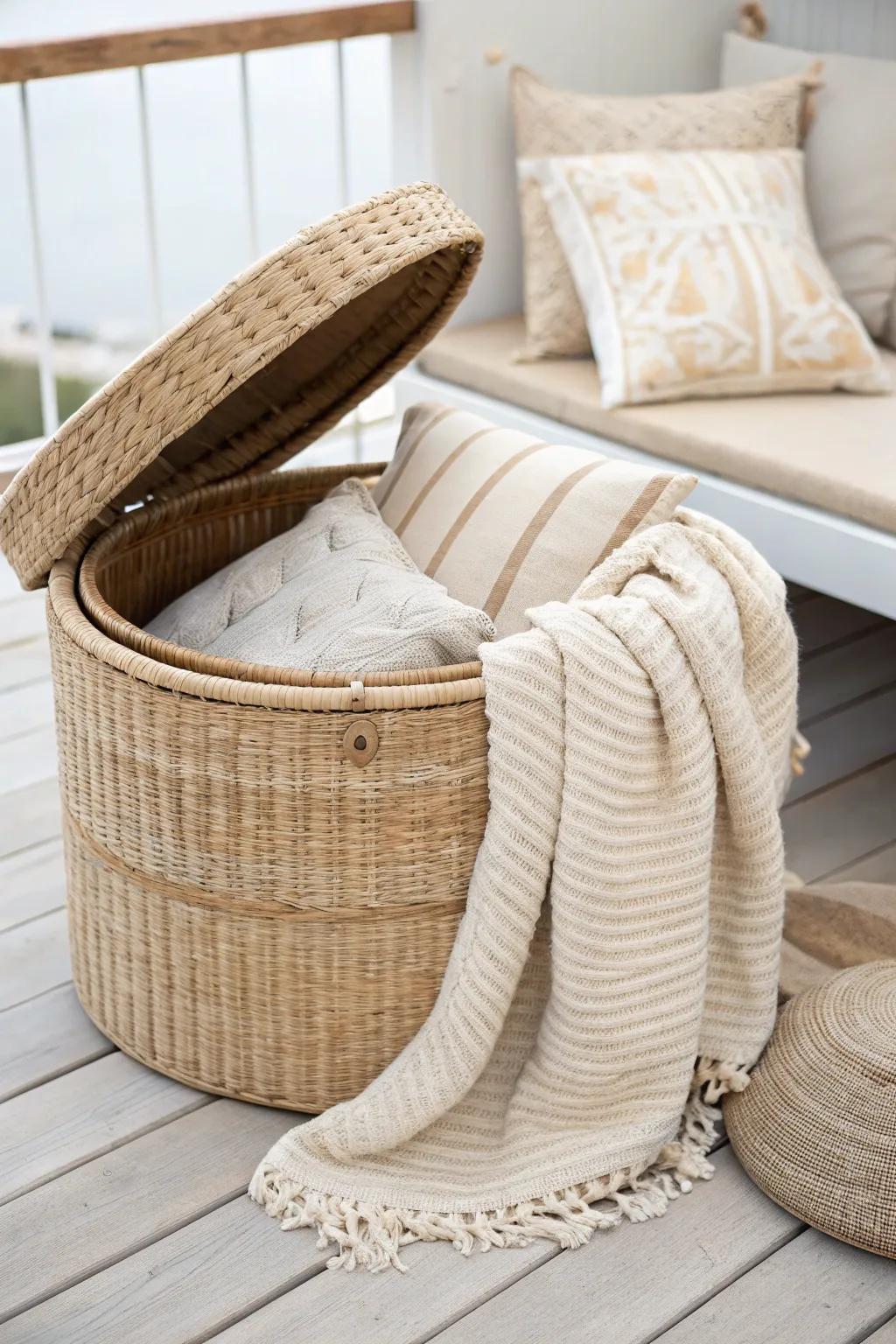 A rattan bin keeps pillows and a chunky throw ready—cozy layers without balcony clutter.