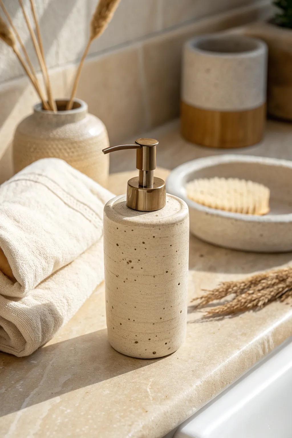 Warm neutral ceramics instantly soften a bathroom and make even rentals feel cozy.
