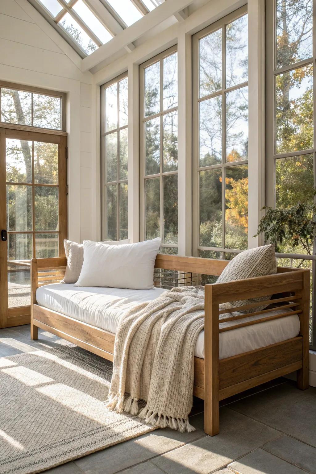 A daybed under the windows turns a tiny sunroom into the coziest reading-and-nap nook.