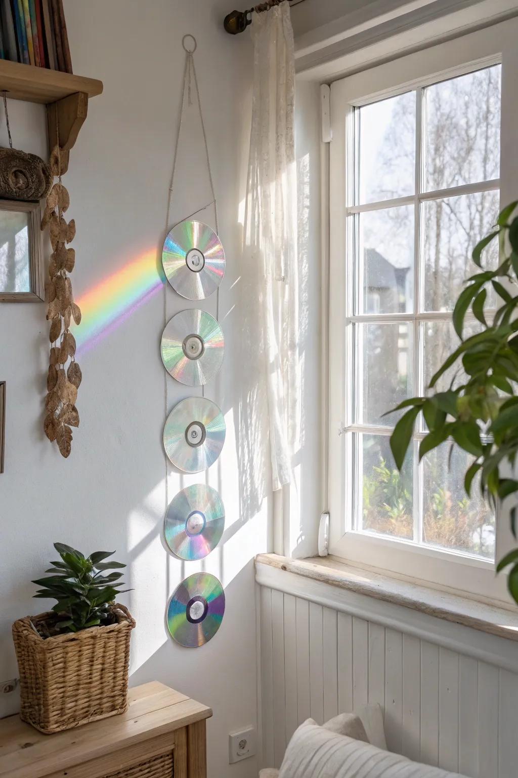 Transform your space with a touch of rainbow magic from CD suncatchers. 🌈✨ #ScandiBoho #UpcycledArt