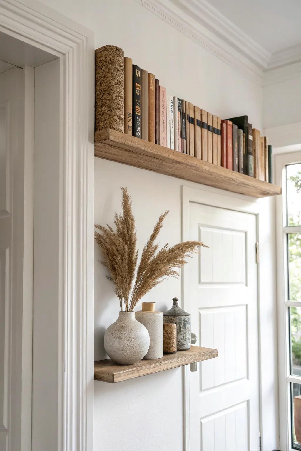 A slim over-the-door book ledge turns unused space into a calm, curated mini library.
