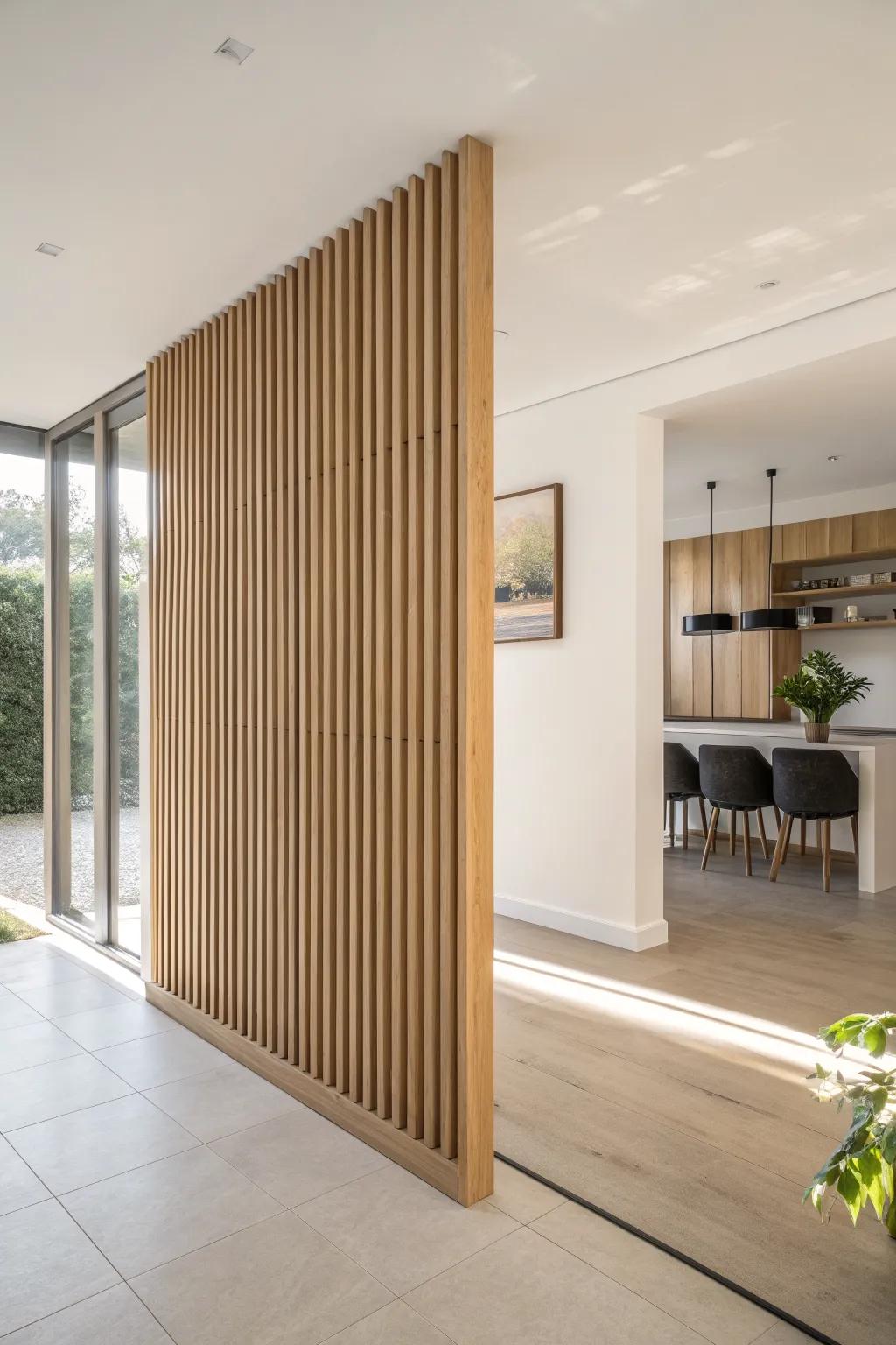 A slim oak slat screen warms up a tiny desk nook—private, airy, and effortlessly modern.