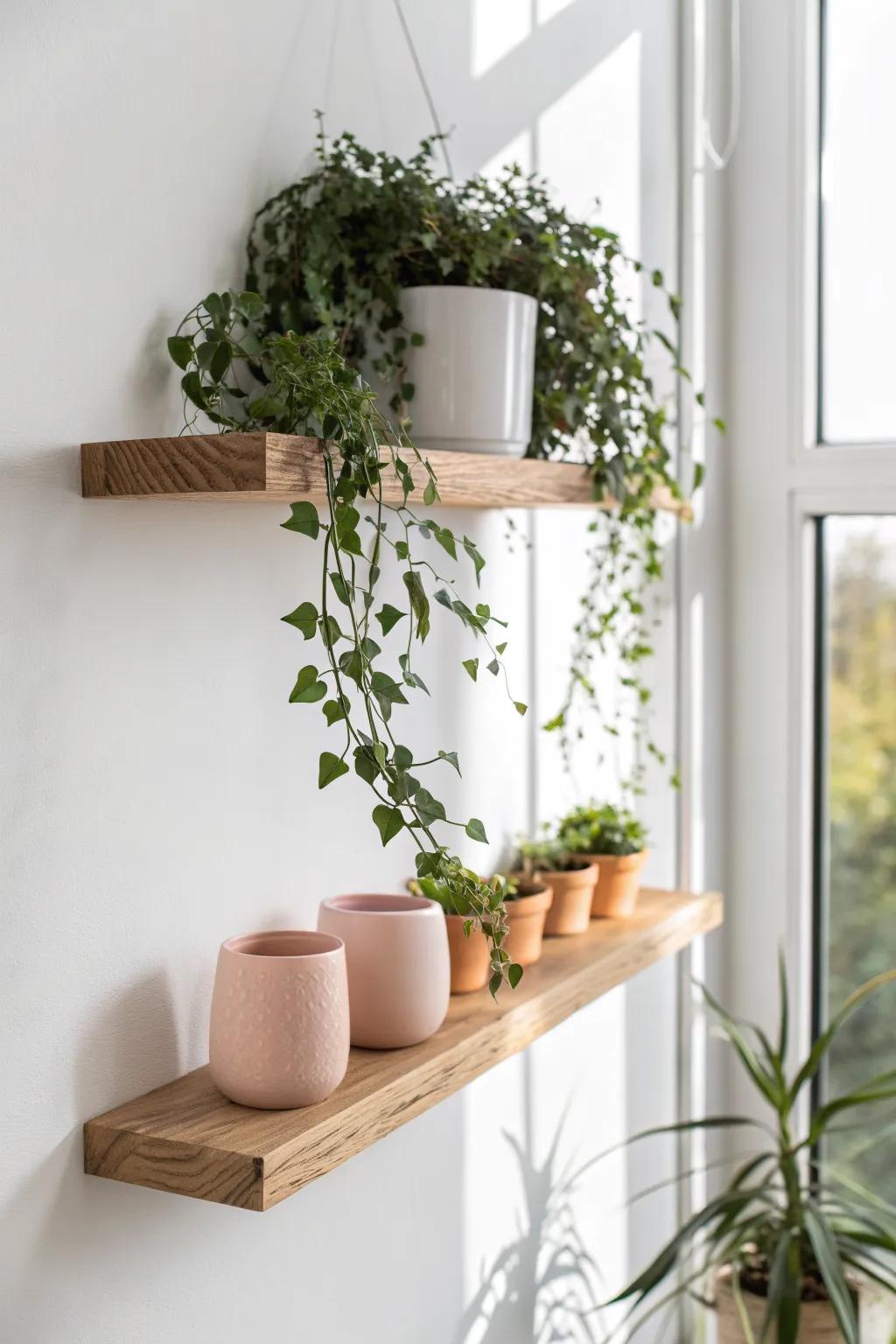 A single floating oak shelf creates a bright wall plant stand—styled, minimal, and floor-space friendly.
