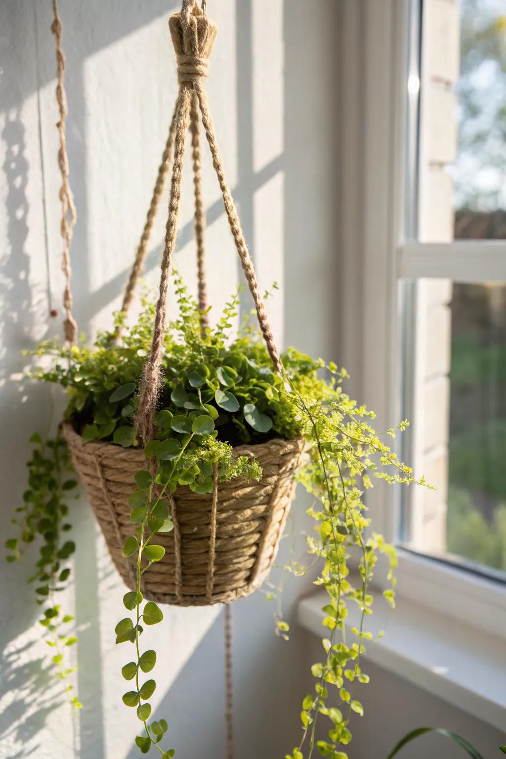 A chartreuse Creeping Jenny waterfall turns one hanging basket into instant cozy layers.