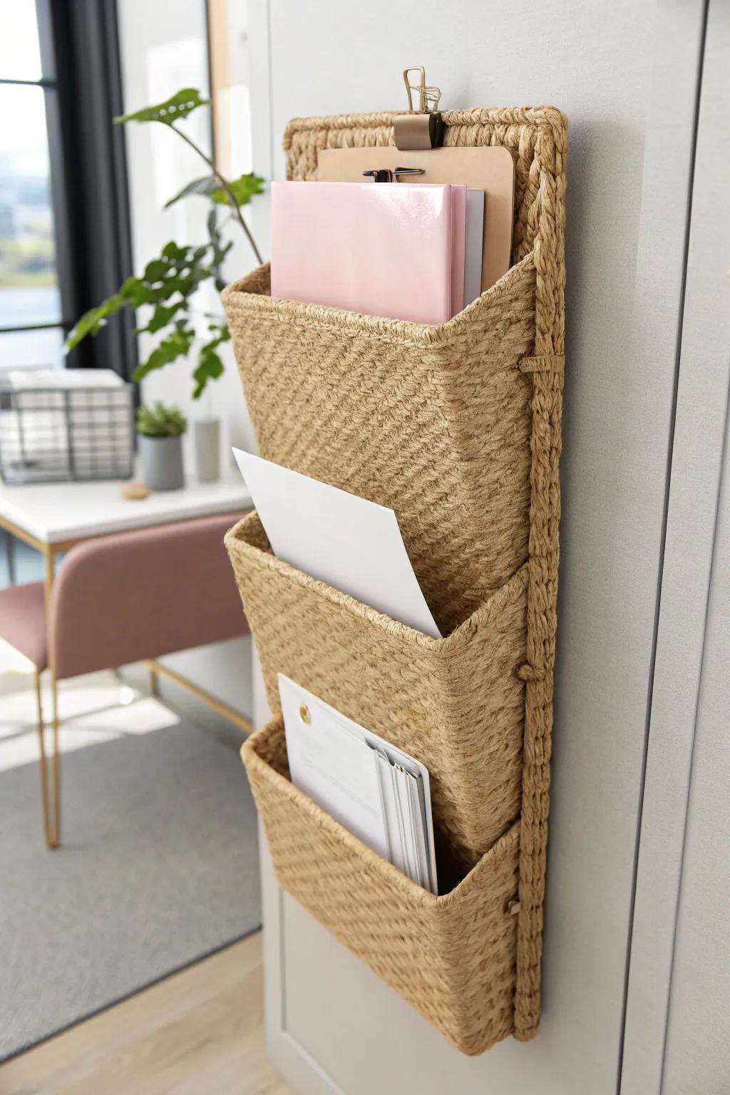 Go vertical with wall pockets—give papers a beautiful home and keep your desktop clear.