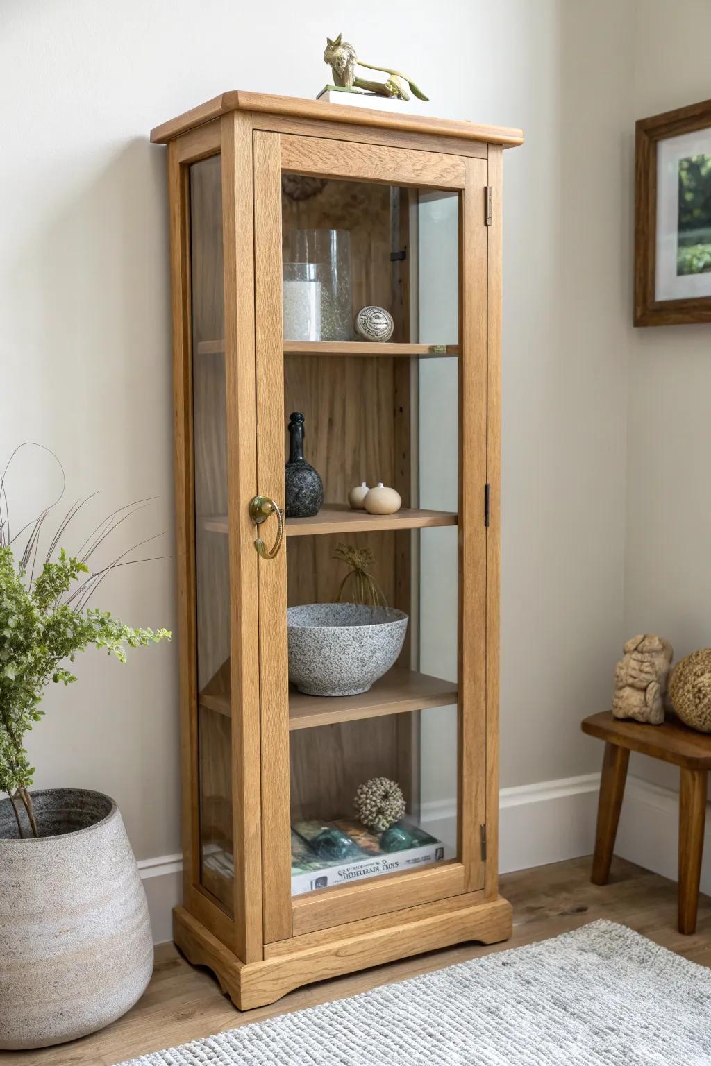 A vertical wall cabinet turns a tight corner into a mini museum—balanced, airy, beautiful.