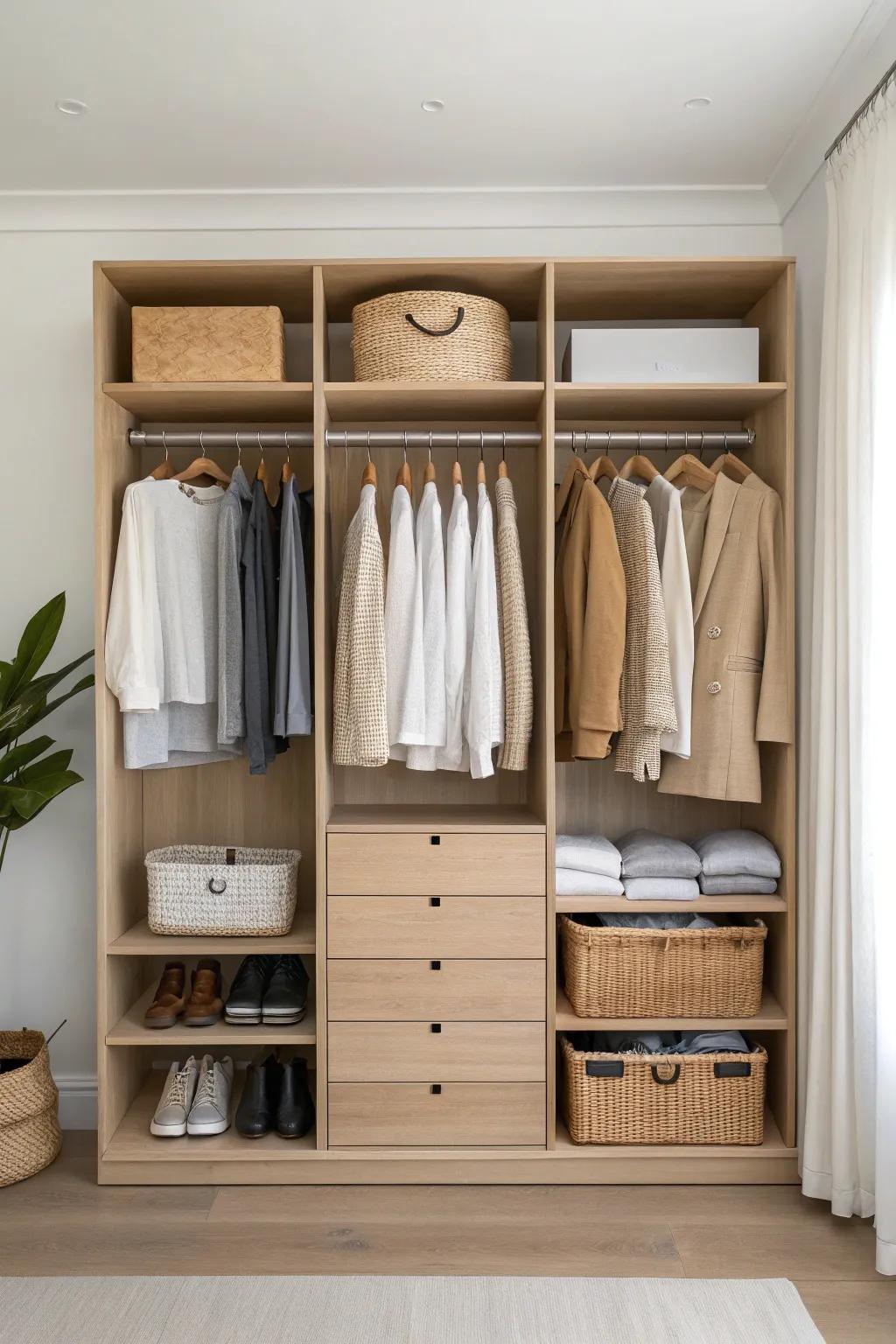 Combo closet wall: short-hang, open shelves + slim drawers for tidy small-space storage.