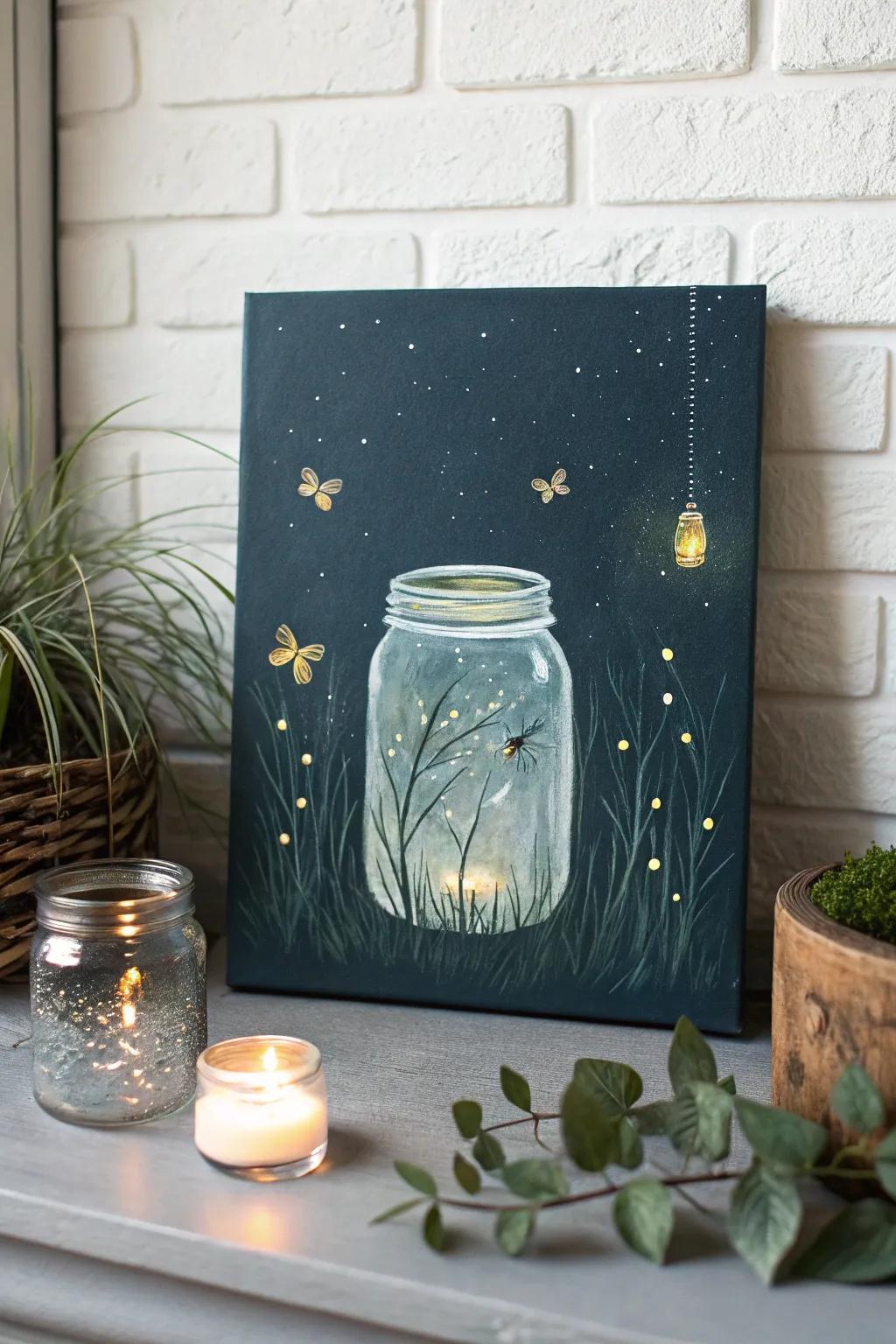 Capture the magic of summer nights with this enchanting fireflies in a jar painting.