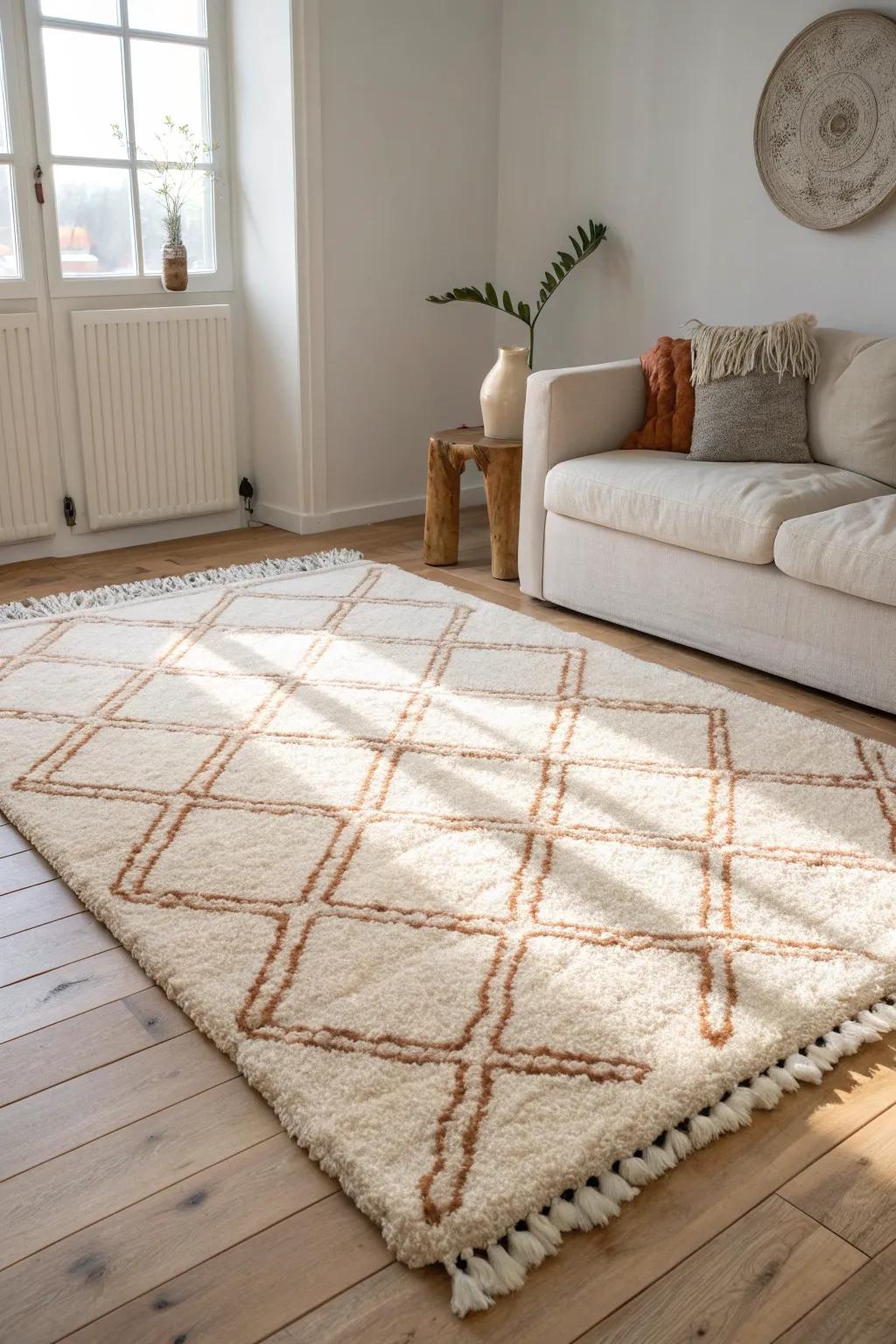 Go big with a plush statement rug—instant cozy, intentional vibes in a tiny apartment.