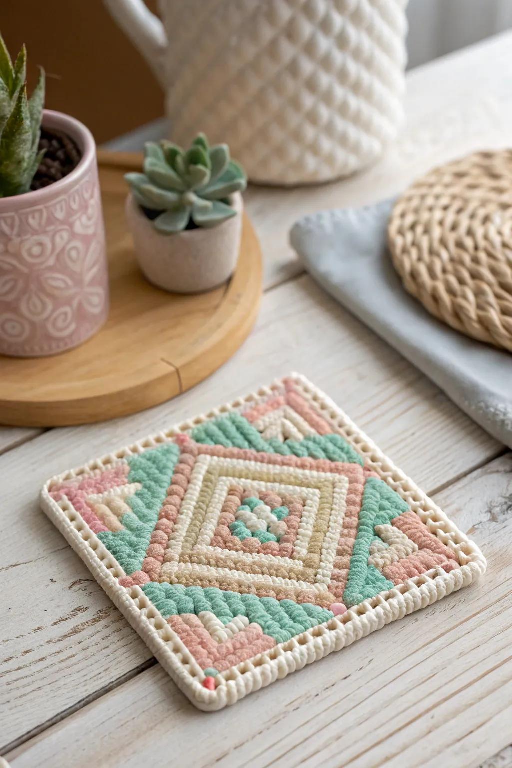 Create your own masterpiece: Abstract Perler Bead Coaster in Pastel Hues.