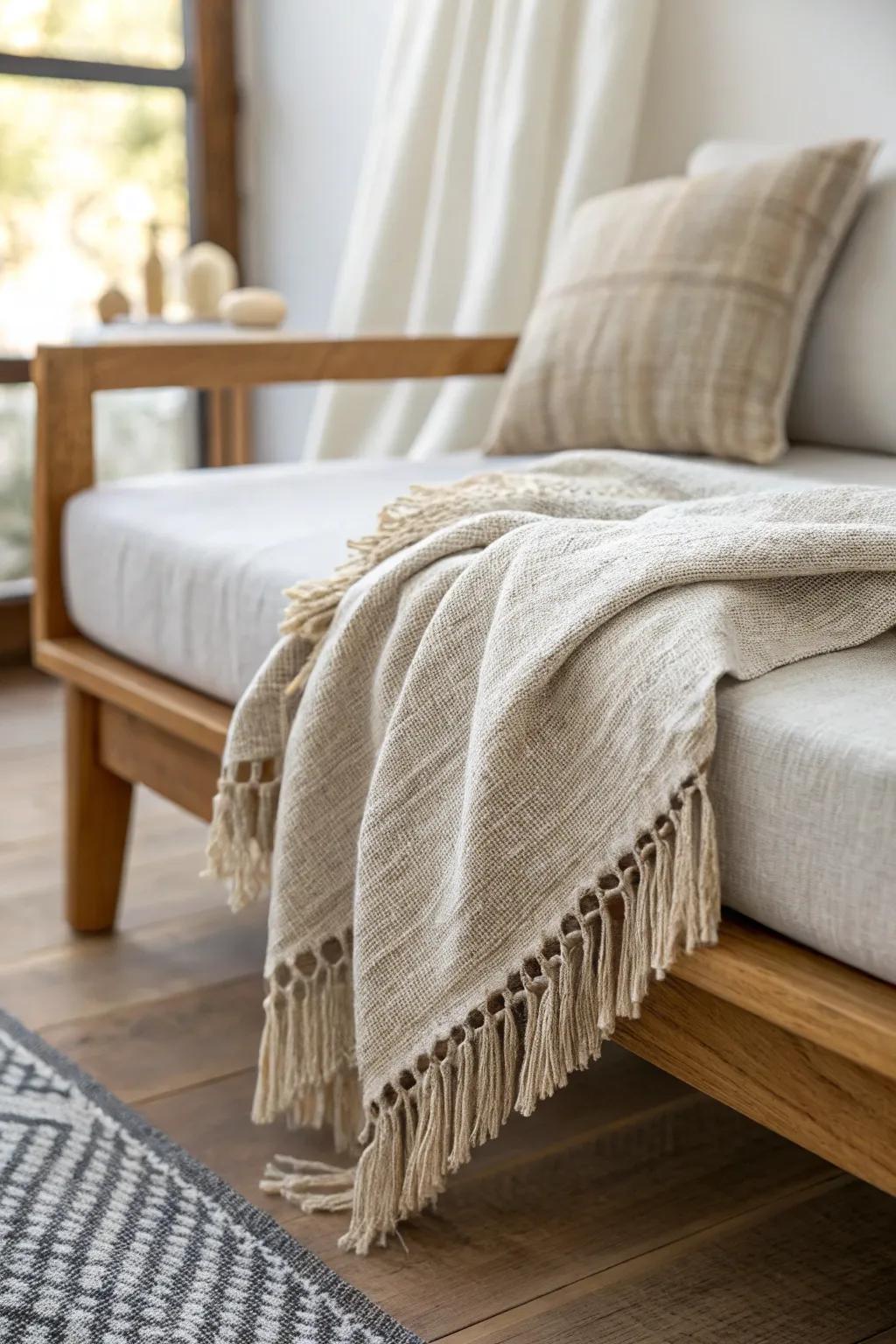 Textured throw blanket, casually draped on one corner, makes a daybed feel styled in seconds.