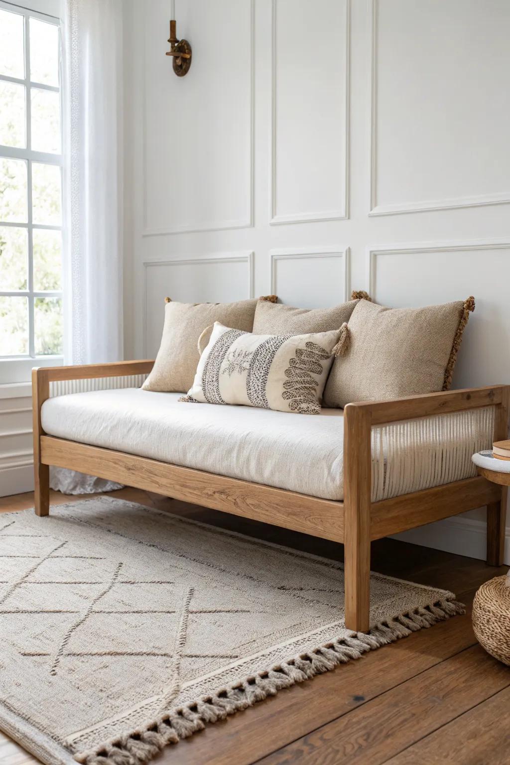 Build a pillow back: two big squares + cozy bolsters make a daybed feel like a true lounge.