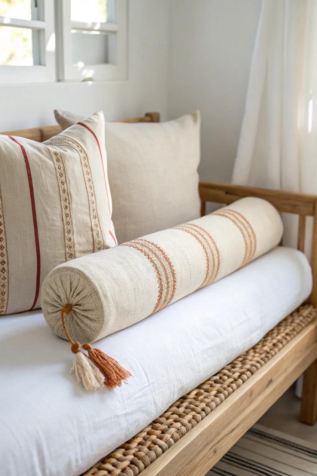 A linen bolster at the daybed end creates a soft armrest—perfect for small-space lounging.