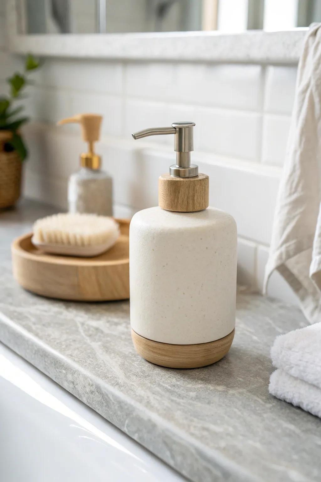 Layer whites and soft grays—one neutral, handcrafted accent makes a tiny bathroom feel serene.