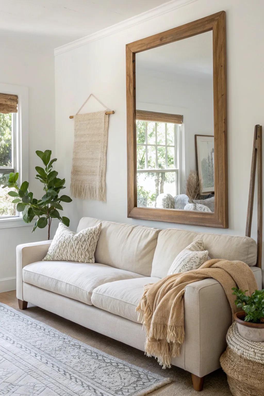 A single oversized mirror above the sofa opens up small spaces—simple frame, big impact.