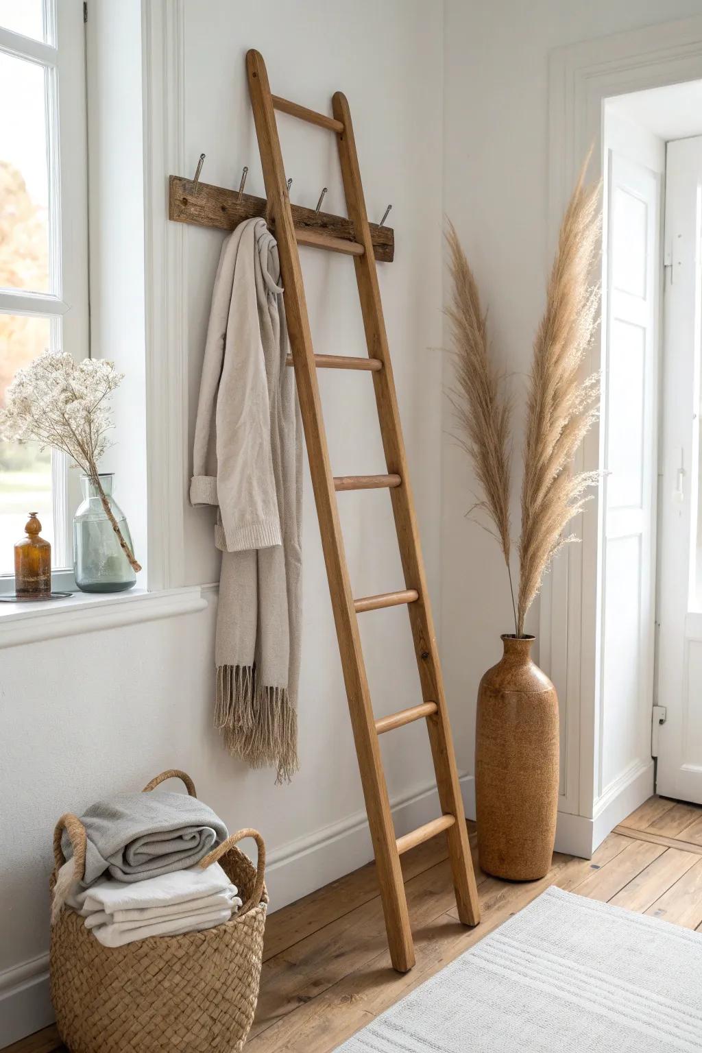 A decorative ladder drop zone: hang scarves and light layers for a tidy tiny entryway.
