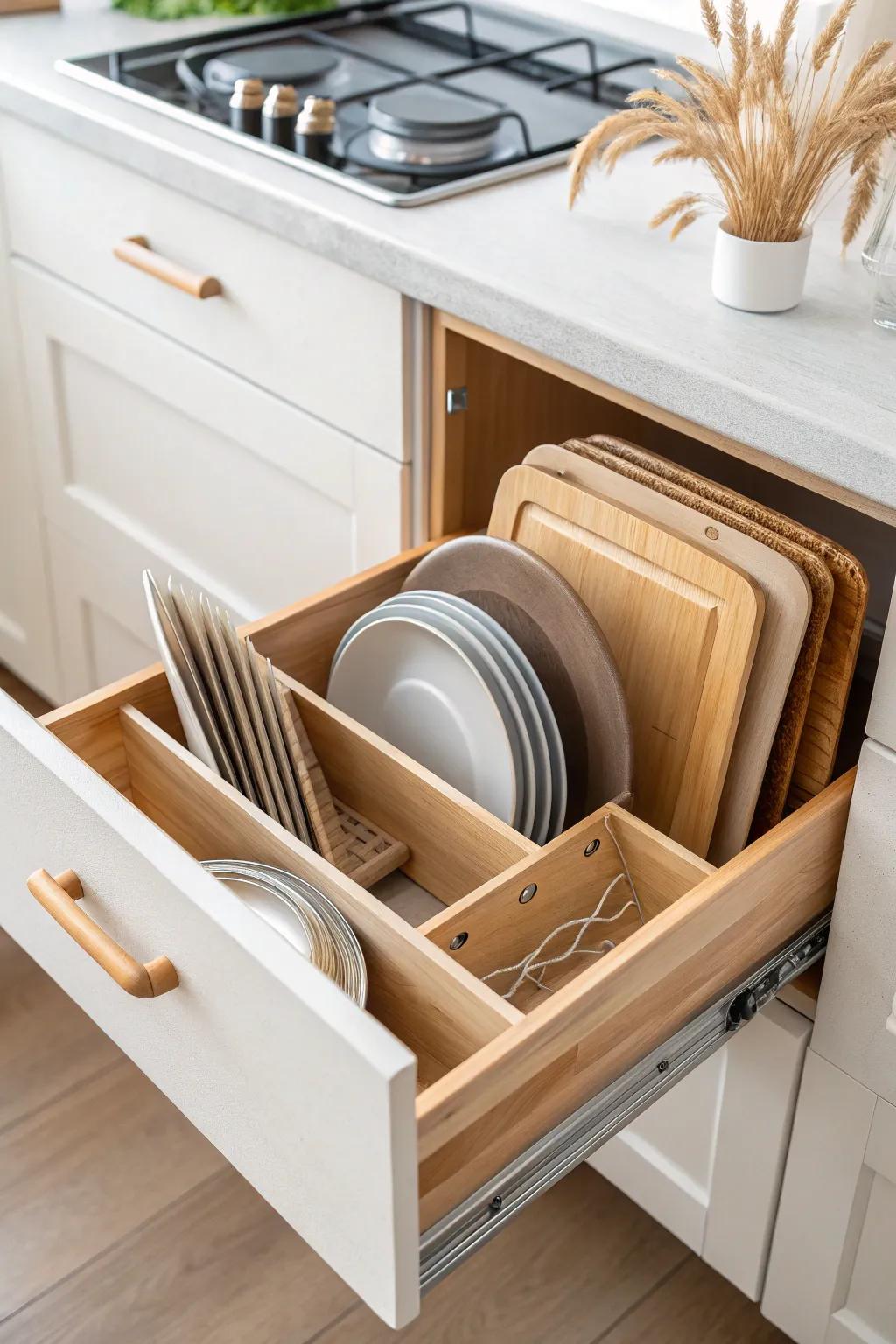 Vertical dividers keep lids, boards, and sheets upright—no more unstacking in deep drawers.