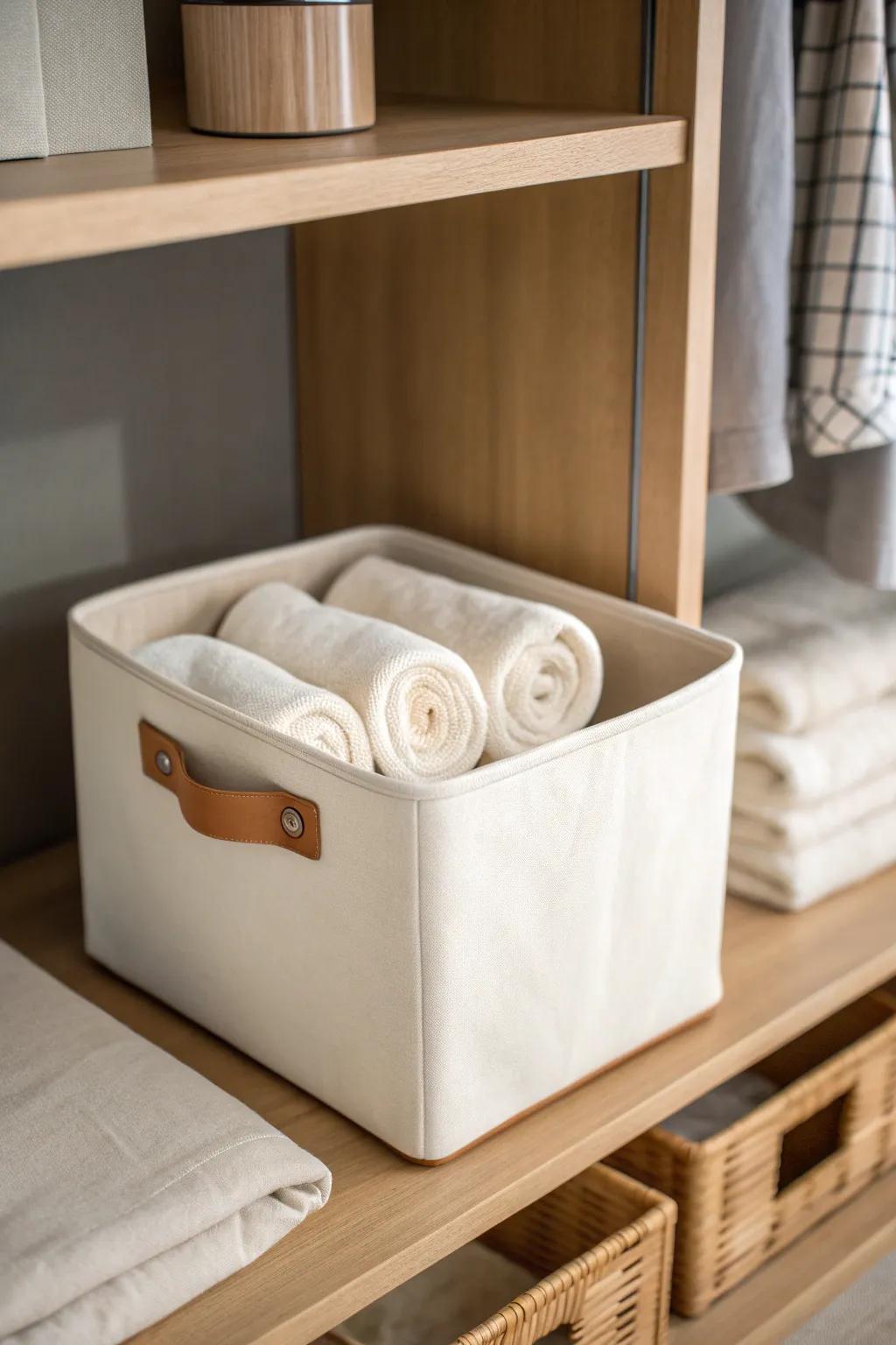 Uniform pull-out bins turn deep linen shelves into easy “drawer” storage—grab and go.