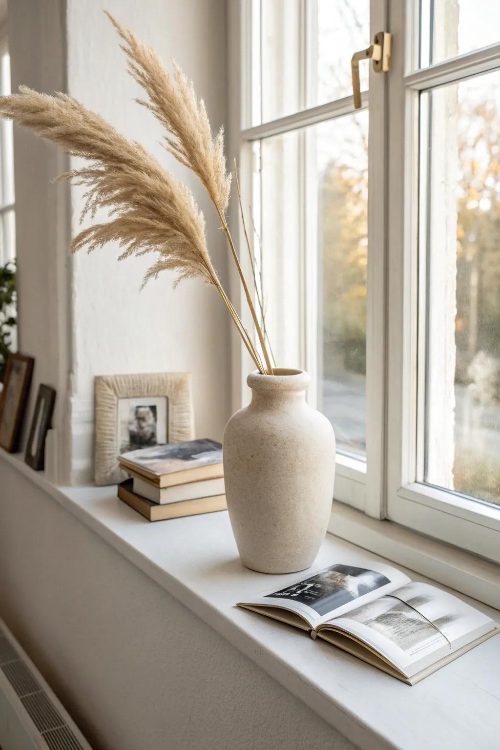 A simple deep-sill vignette: tall vase, personal photo, and textured books for effortless calm.