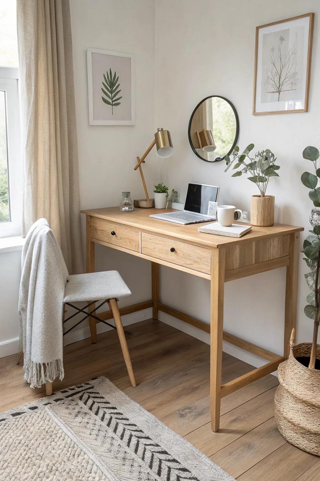 Turn an awkward corner into an L-shape work + vanity station with warm oak and calm styling.