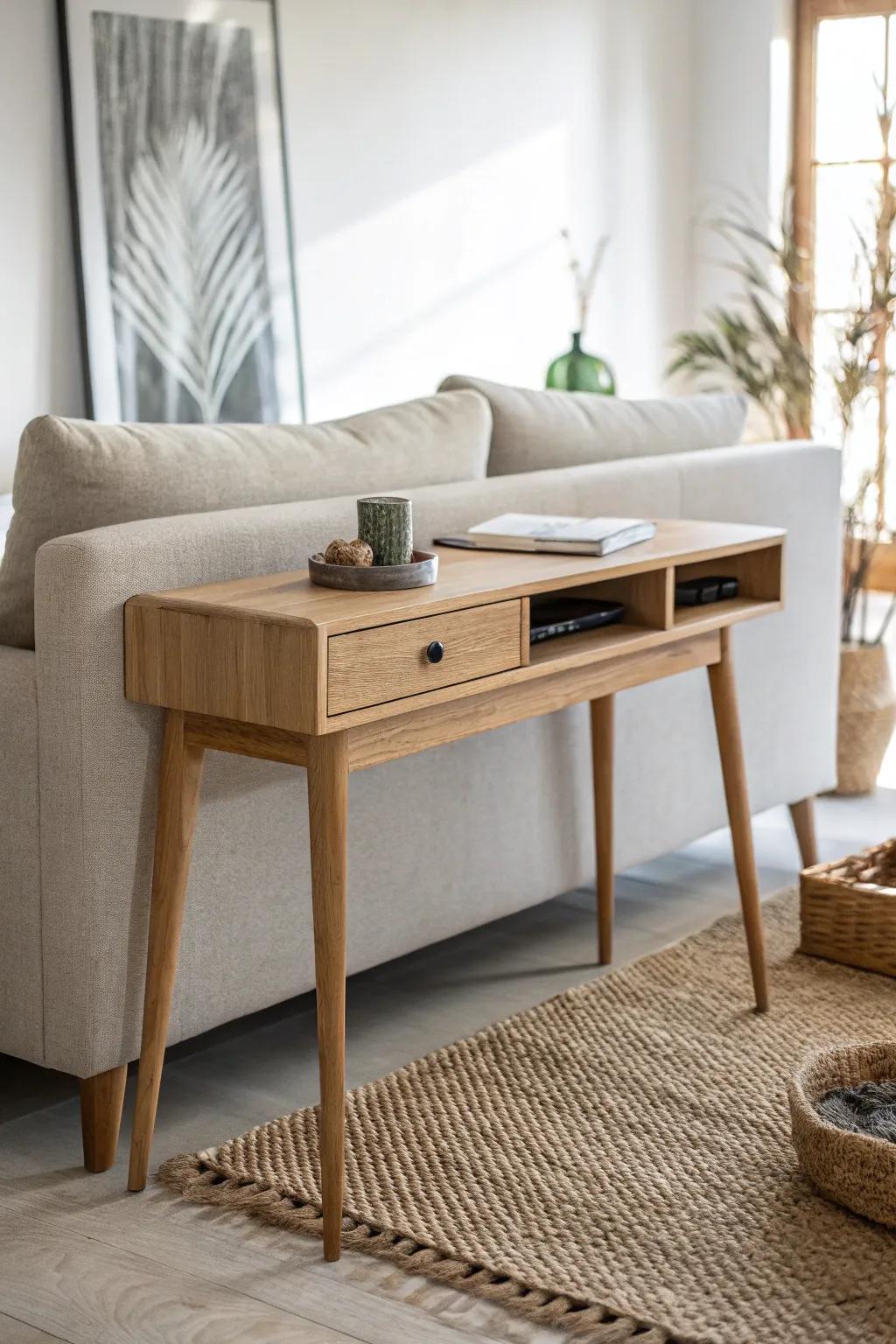 A slim behind-the-couch desk with hidden drawers keeps your living room tidy in seconds.