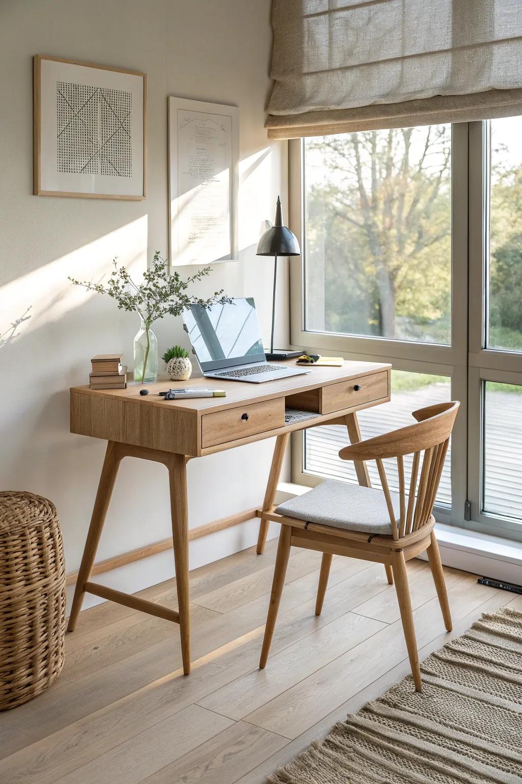 A slim window-facing desk that floods your living room workspace with calm, natural light.