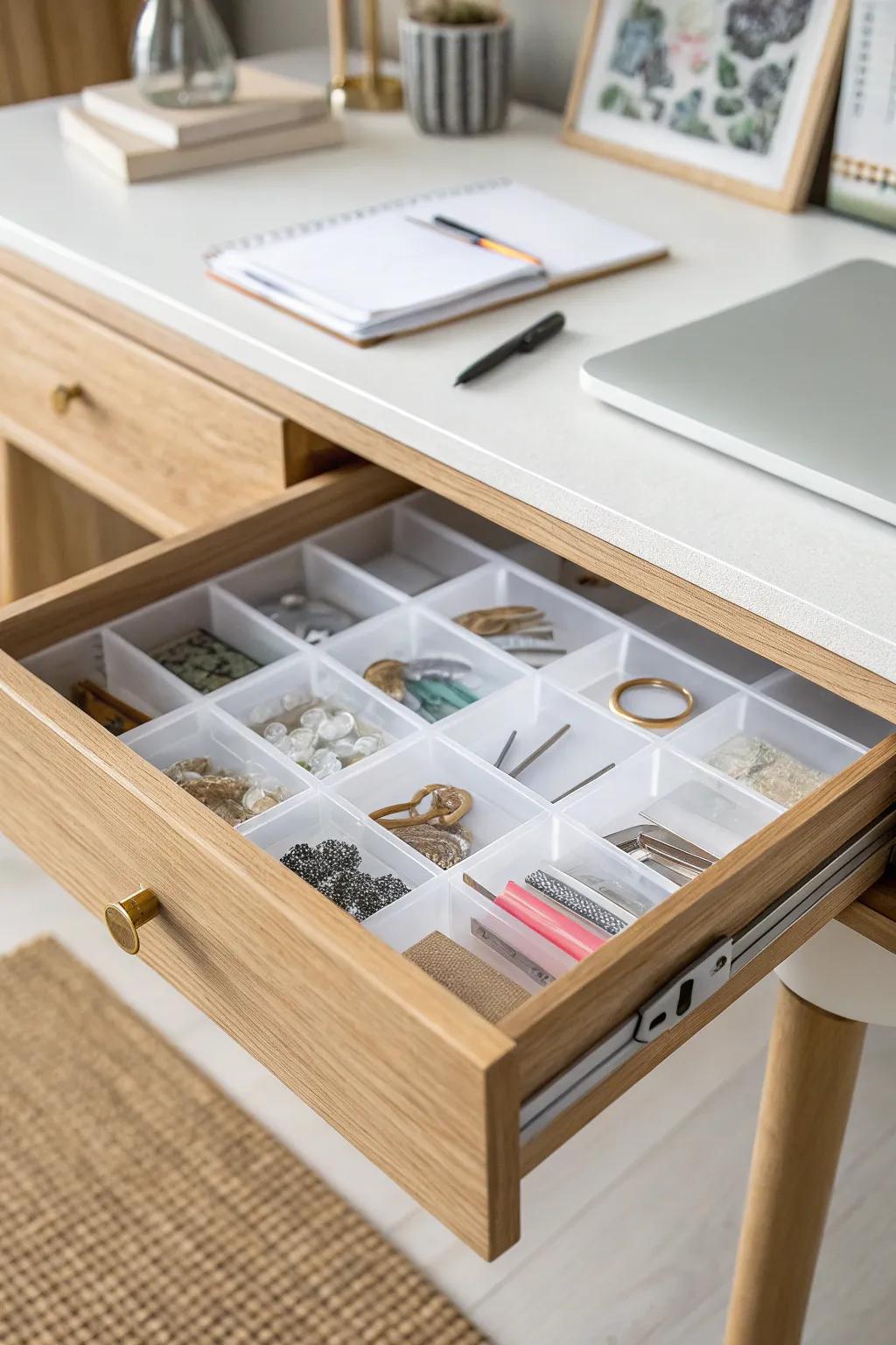 Clear drawer inserts keep tiny essentials separated—minimal, tidy, and easy to find.