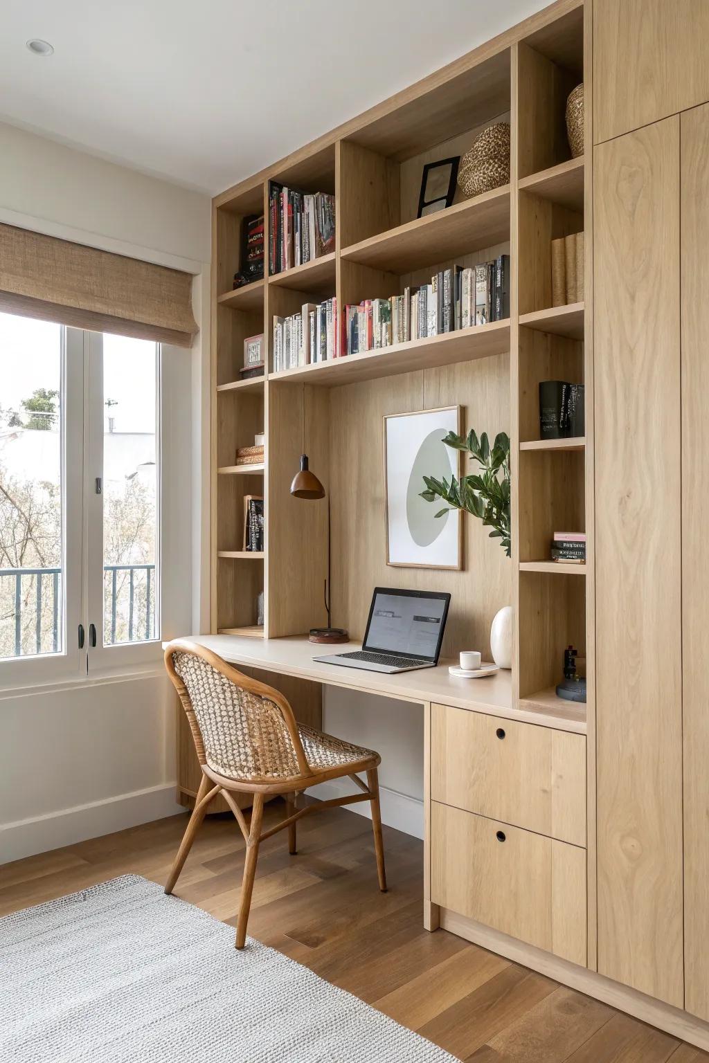 A built-in bookshelf desk turns your living room into a calm, clutter-free library wall.