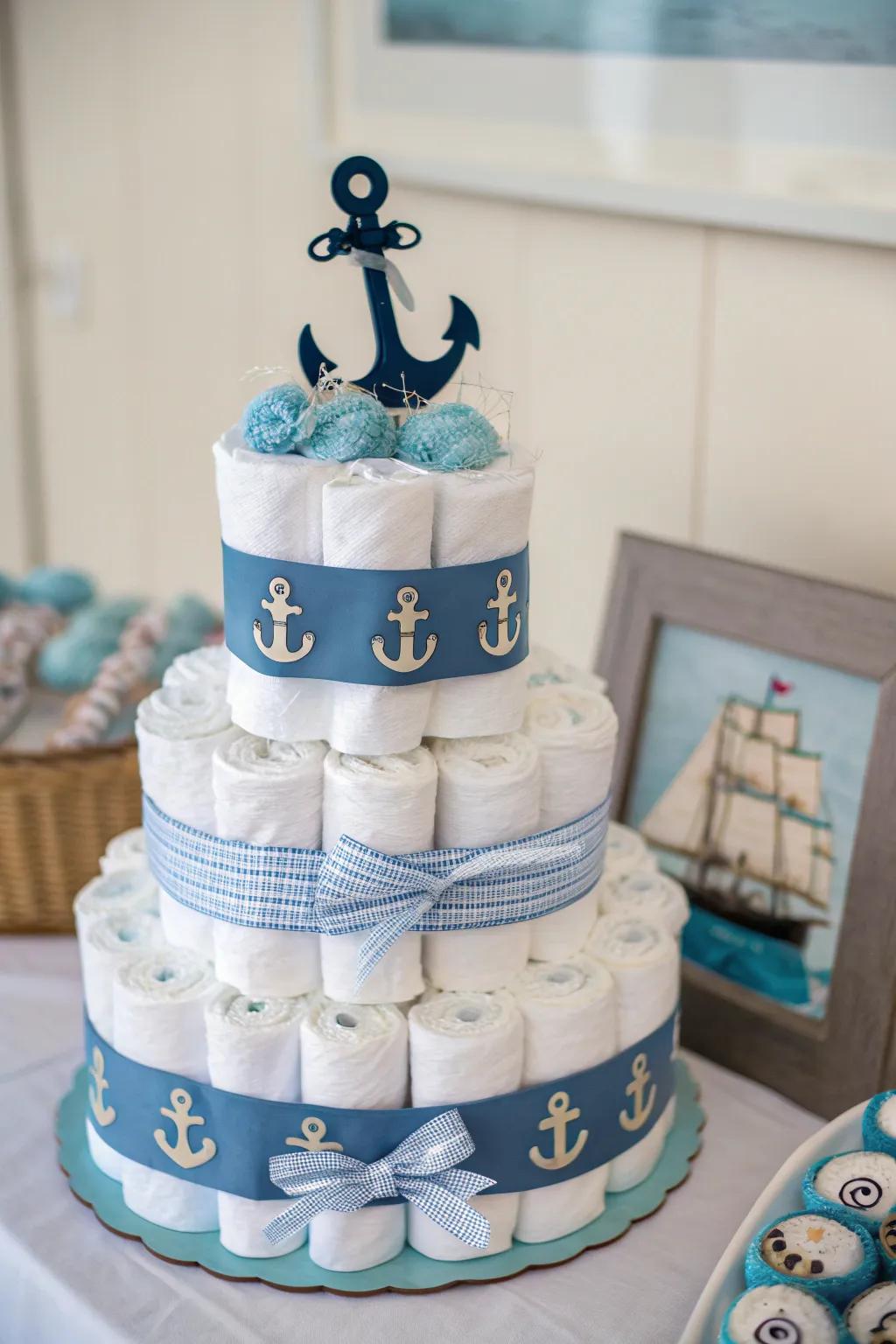 Sail into parenthood with this enchanting nautical diaper cake, perfect for your twin sea explorers!