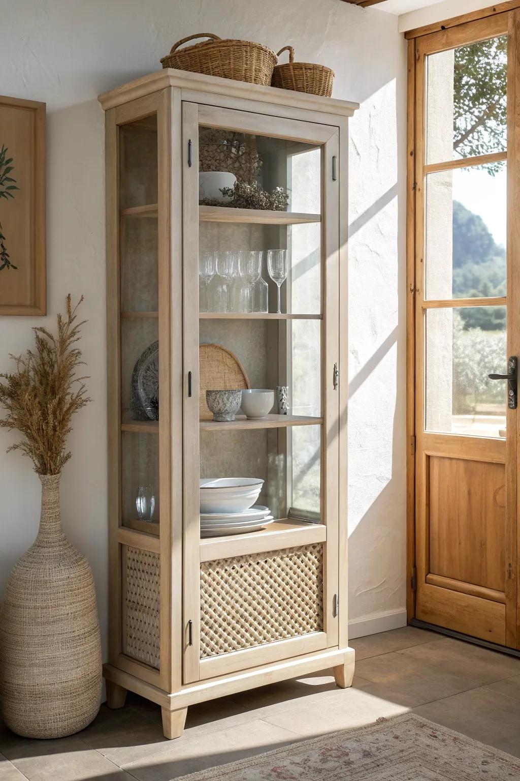 Glass-front cabinets keep dining storage airy, dust-free, and beautifully edited in small spaces.