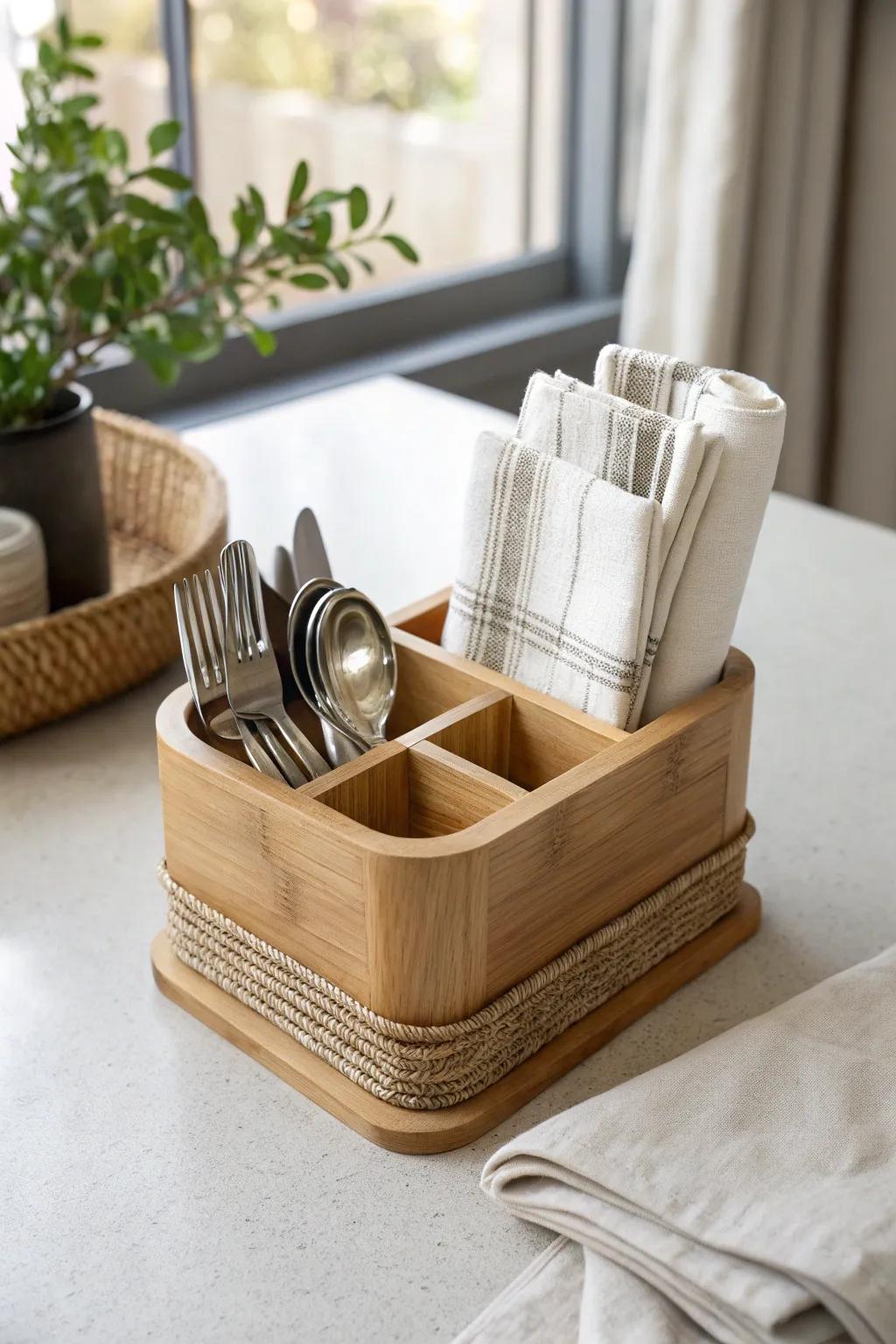 A tidy cutlery-and-napkin caddy keeps your dining table calm, organized, and ready for meals.