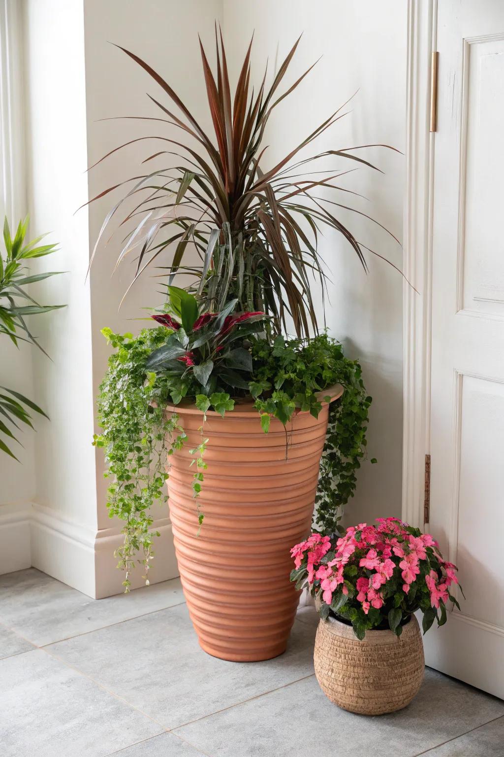 Thriller-filler-spiller: dipladenia blooms with a spiky accent and a soft trailing vine.