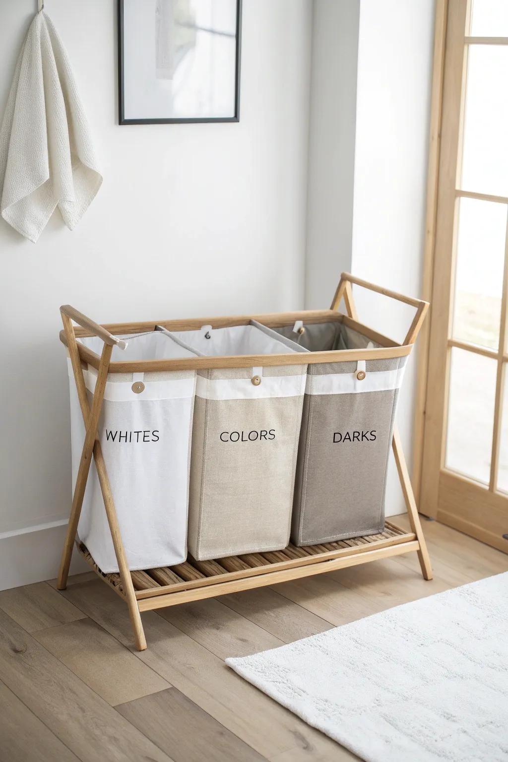 One slim three-compartment hamper keeps whites, colors & darks sorted in tiny homes—beautifully.